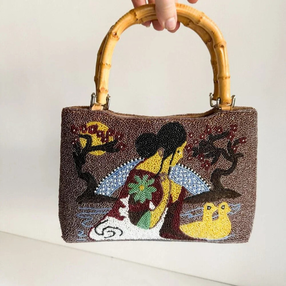 Vintage Fully Beaded Colourful Geisha Themed Bamboo Handle Purse - Picture 7 of 10